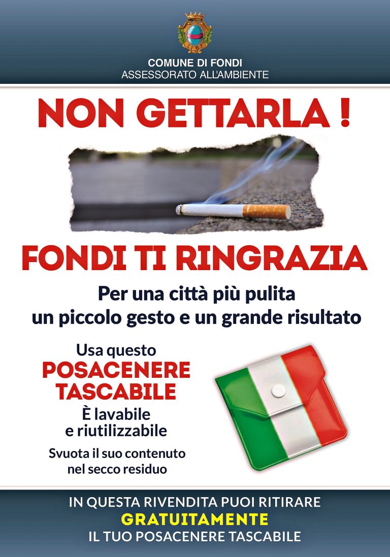 FONDI: IL COMUNE OFFRE POSACENERE TASCABILI AI CITTADINI FUMATORI