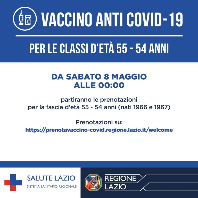 Vaccini – Da oggi è possibile prenotare per la fascia di età 55 – 54 anni (nati 1966 e 1967)