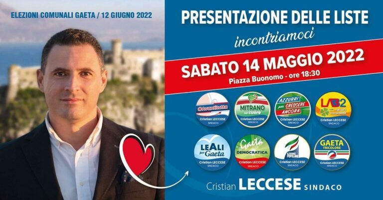 Gaeta: sabato sera  Cristian Leccese presenta la flotta delle sue otto liste civiche