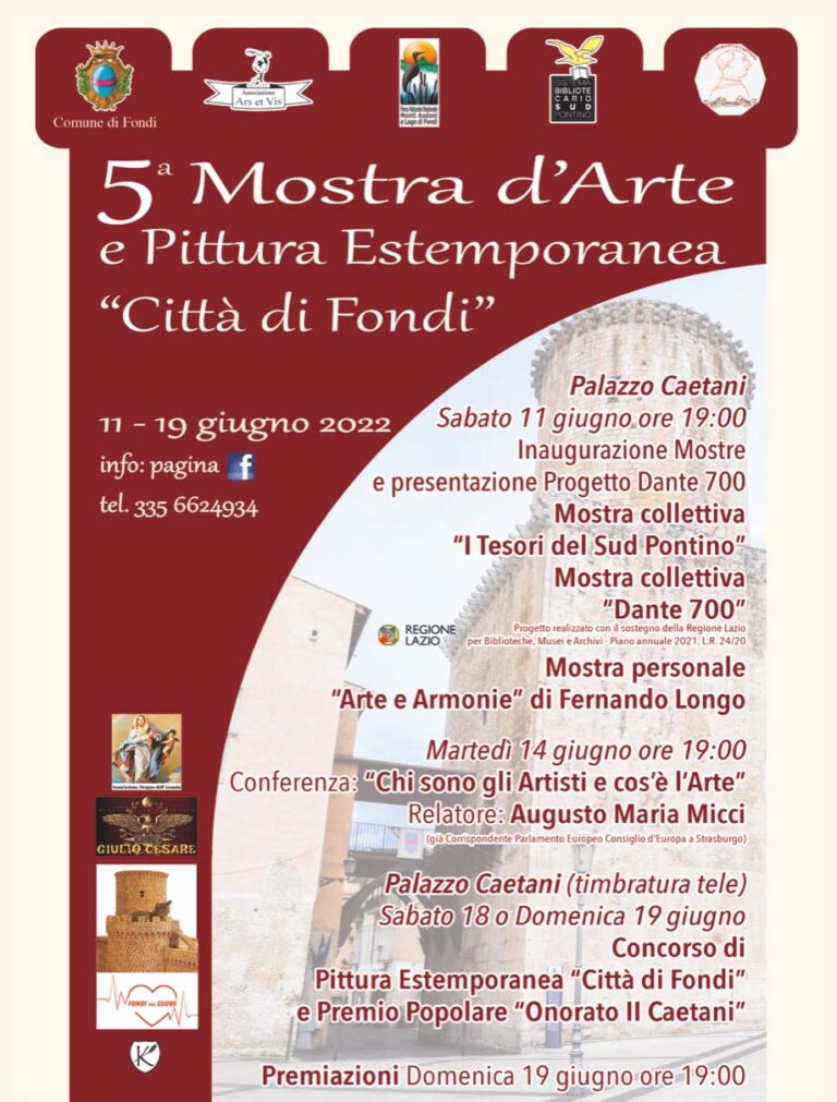 Fondi: Palazzo Caetani Sala degli Arazzi 14 giugno ore 19.00 conferenza 5° Mostra d’Arte