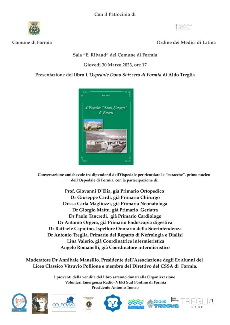 Novità sulla presentazione del libro “L’Ospedale Dono Svizzero di Formia” di Aldo Treglia