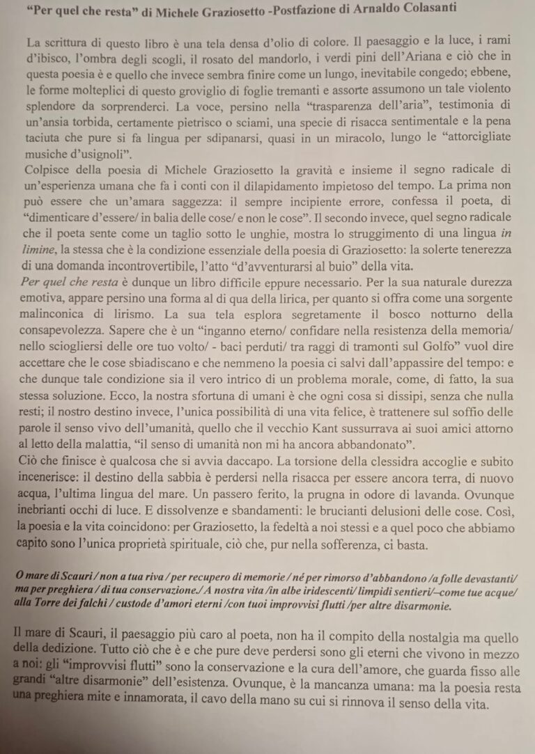Giovedi culturale: Arnaldo Colasanti sulla poesia di Michele Graziosetto