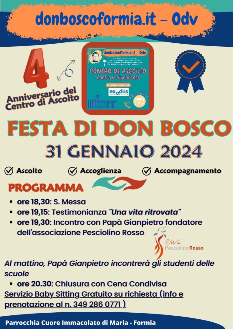 Formia: Tutti insieme a festeggiare Don Bosco, 31 gennaio ore 19:30, Parrocchia “Cuore Immacolato di Maria” e Centro di ascolto Exodus