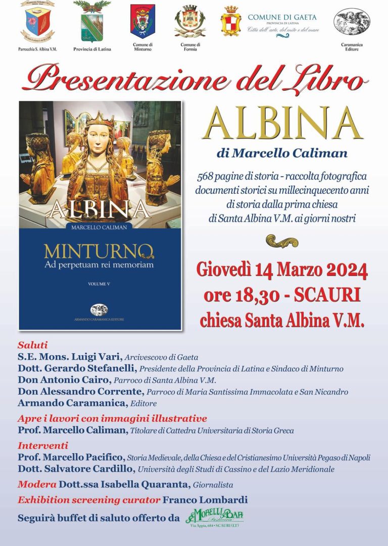 Scauri, presentazione del libro “Albina” di Marcello Rosario Caliman, nella chiesa di Santa Albina, oggi 14 marzo ore 18:30