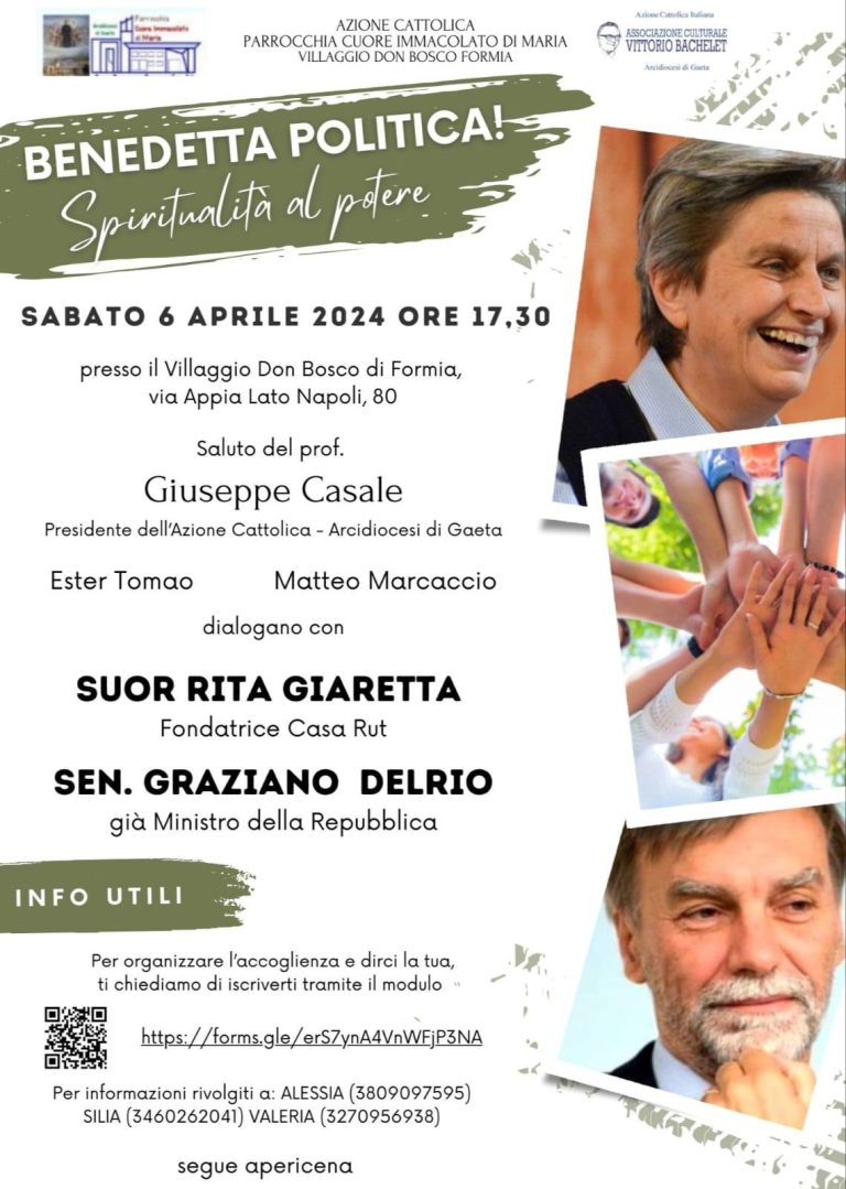 “Benedetta Politica! Spiritualità al potere”. Sabato 6 aprile ore 17:30 al Villaggio Don Bosco, Formia