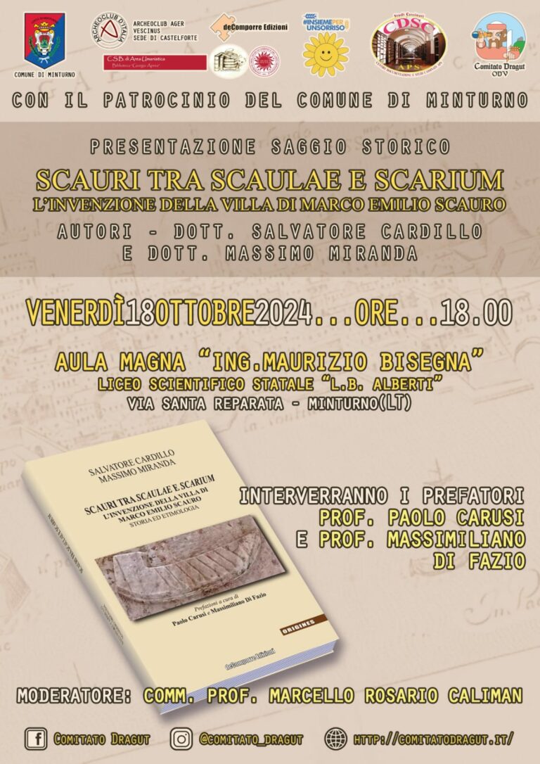 “Scauri tra Scaulae e Scarium” presentazione libro al Liceo scientifico “Leon Battista Alberti” di Minturno, 18 ottobre alle 18:00.