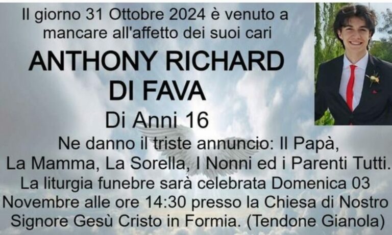 Oggi alle ore 14,30 si sono tenuti i funerali del giovane sedicenne Anthony