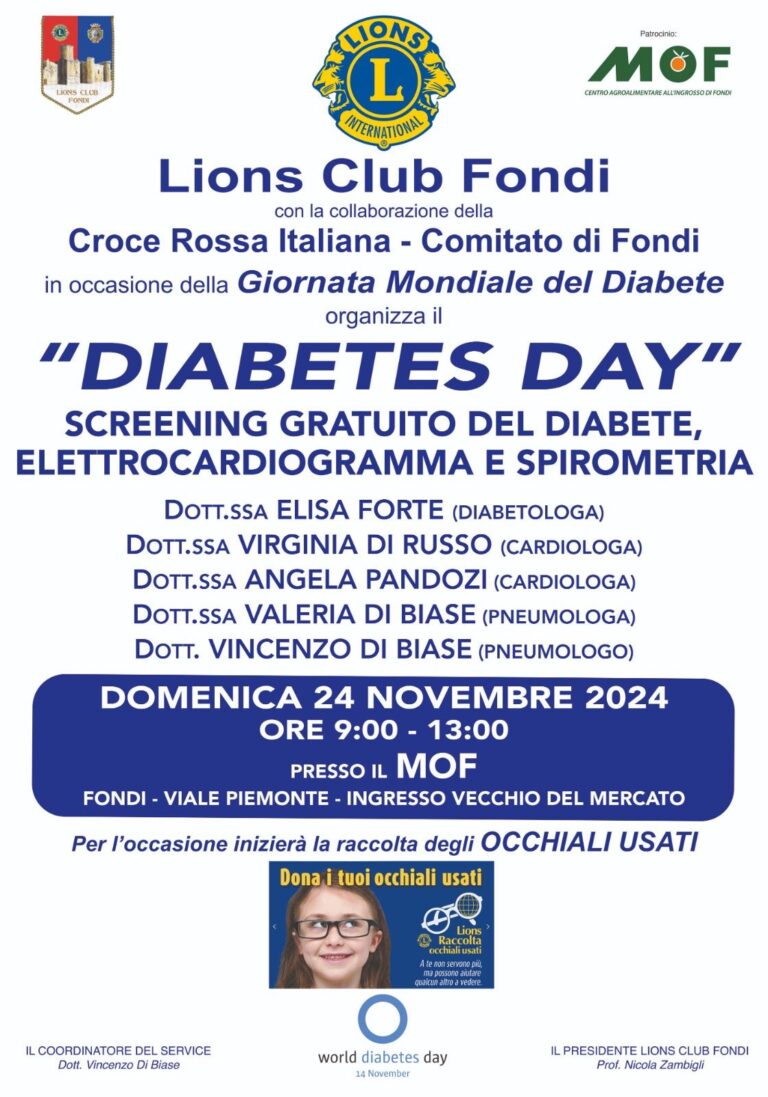 I Lions di Fondi impegnati nel “Diabetes Day”. Screening gratuito del diabete, elettrocardiogramma e spirometria.