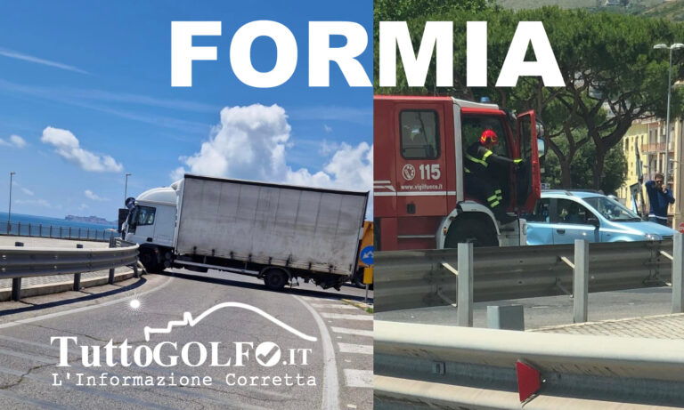 Formia, incidente nella rotonda: fotografato Camion contromano. Traffico in tilt