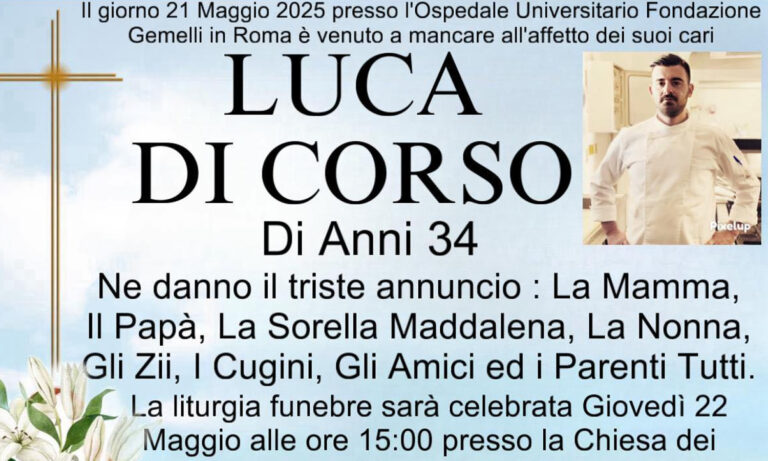 Formia piange Luca Di Corso, scomparso a soli 34 anni: il dolore di un’intera comunità