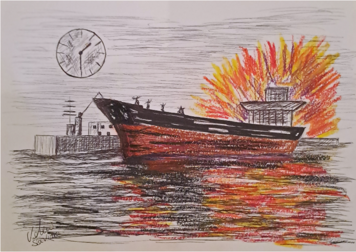 Petroliera in fiamme