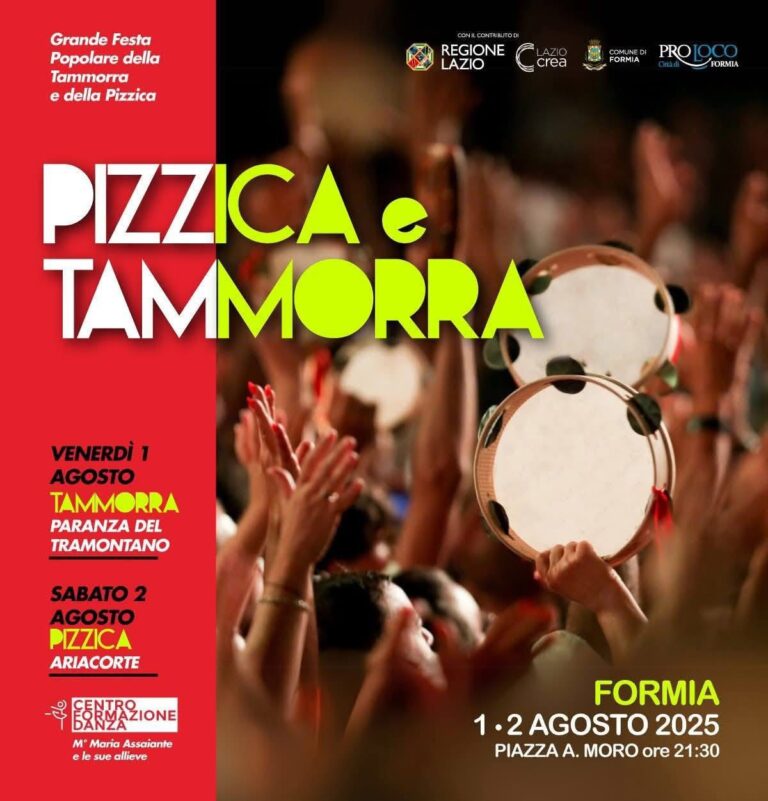 Formia, 1 e 2 agosto: “Pizzica e Tammorra” grande festa del folklore in piazzale Aldo Moro dalle ore 20:00