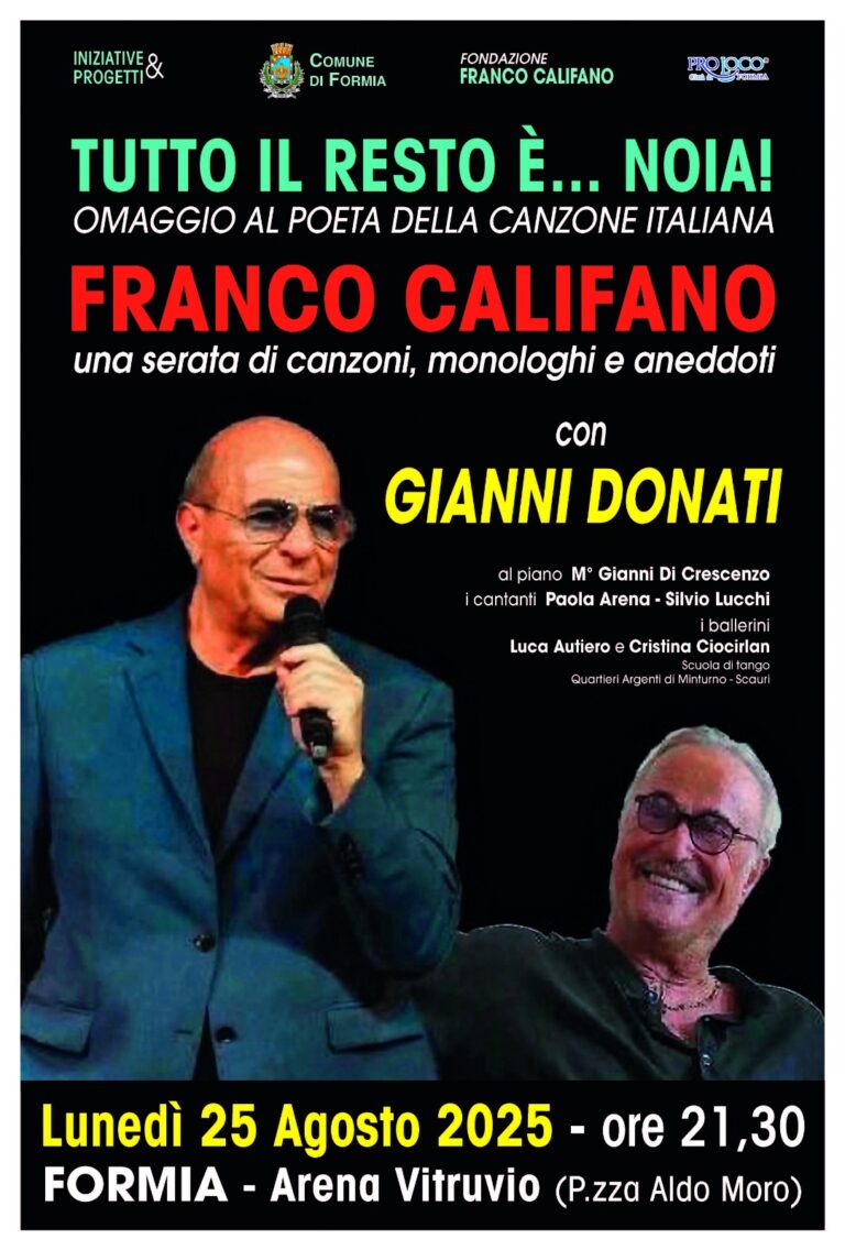Formia, Arena Vitruvio. Gianni Donati in: “Tutto il resto è.. noia”. Omaggio a Franco Califano. Lunedi, 25 agosto ore 21:30.