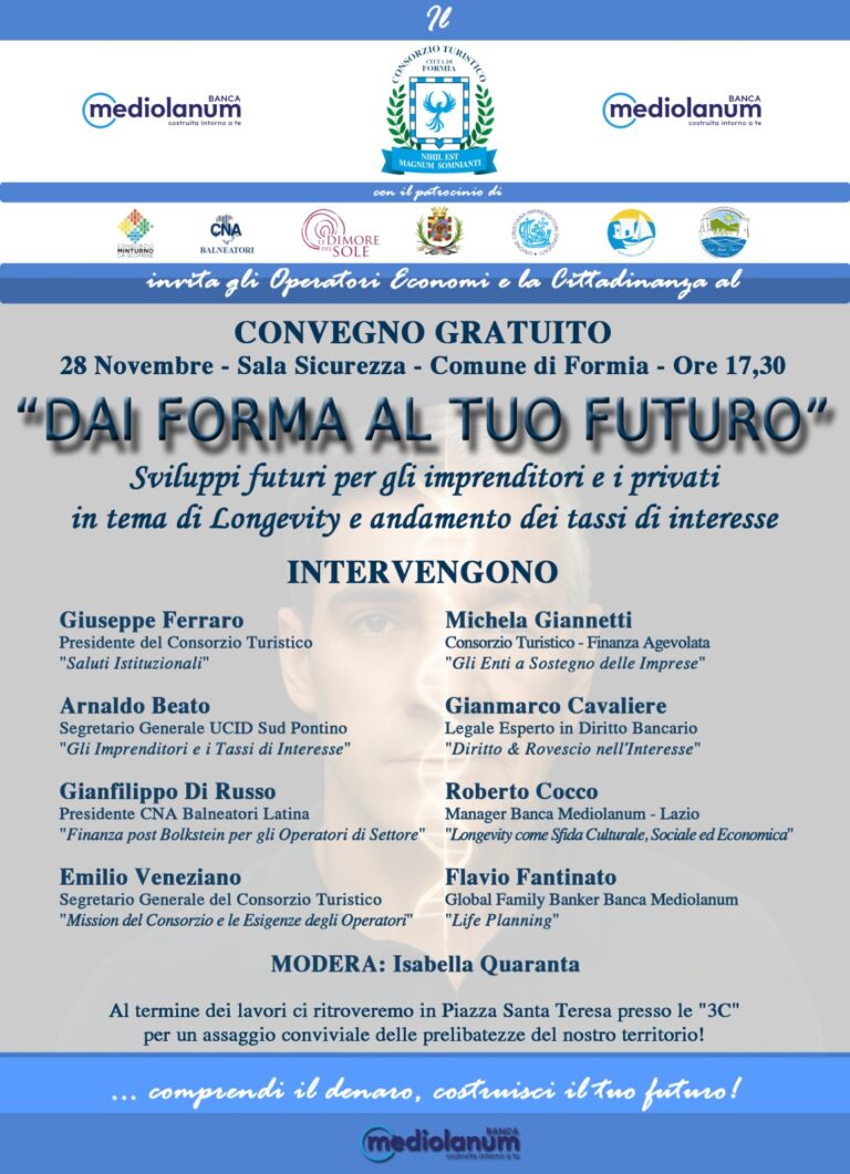 Comune di Formia: “Dai forma al tuo futuro”, convegno  sala Sicurezza, 28 novembre ore 17:30
