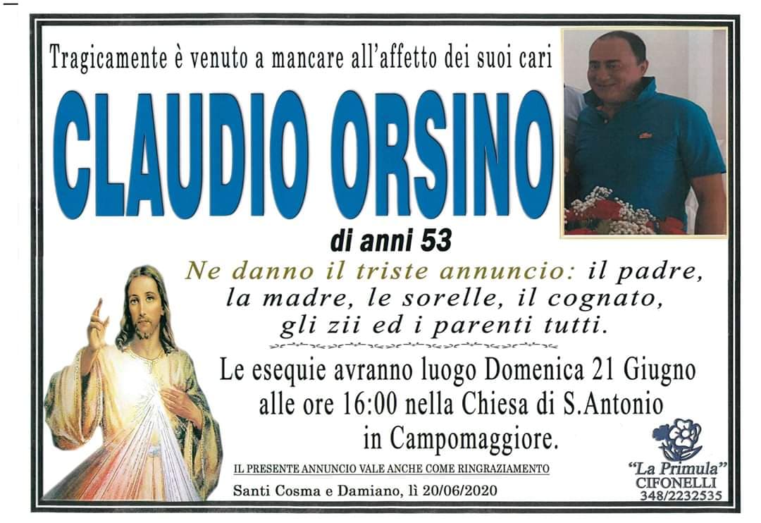 SANTI COSMA E DAMIANO: OGGI LE ESEQUIE DI CLAUDIO ORSINO VITTIMA DI INCIDENTE STRADALE