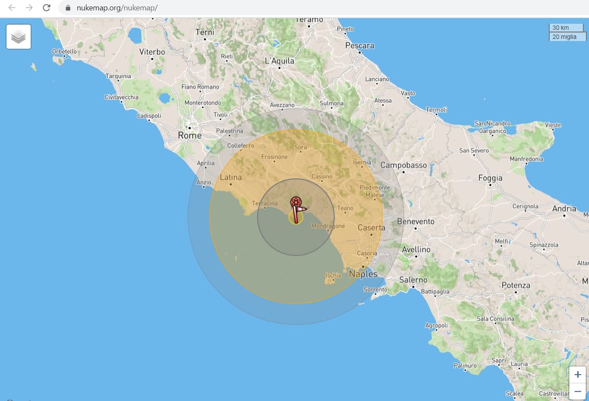 Il simulatore NukeMap mostra scenari di guerra apocalittici. Vediamo gli effetti sul Golfo di Gaeta