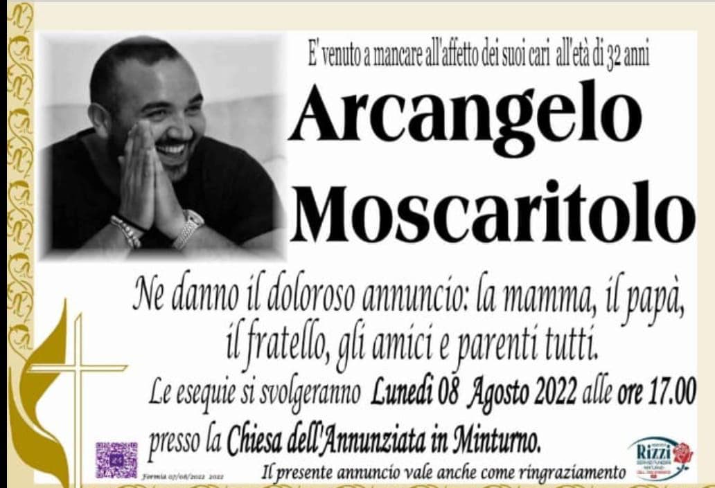 Minturno: oggi ore 17 le esequie nella Chiesa dell'Annunziata di Arcangelo Moscaritolo morto tragicamente in piscina