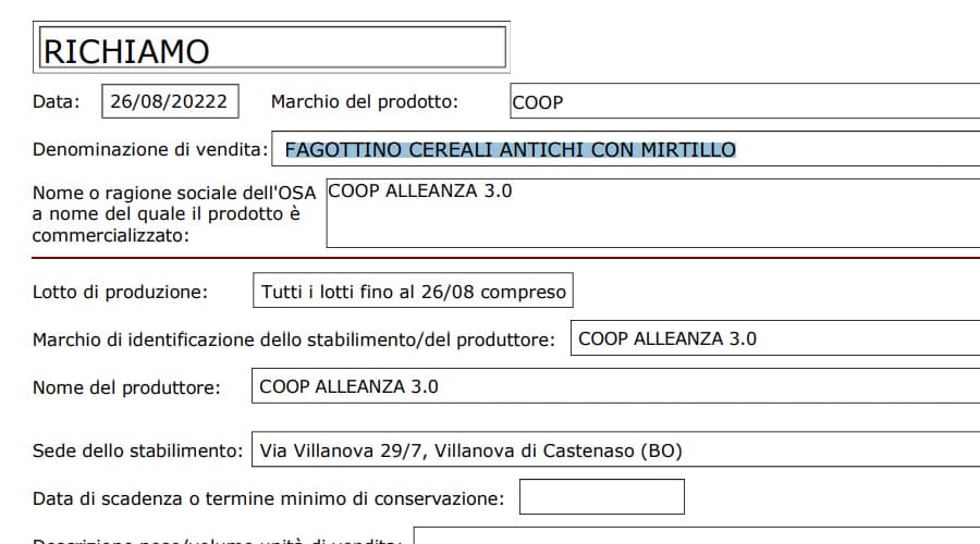 Fagottino Coop: richiamo dal parte del Ministero