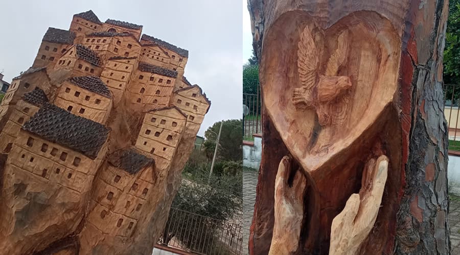 Ceppi di pino trasformati in opere d'arte. A Lenola le sculture di Andrea Gandini