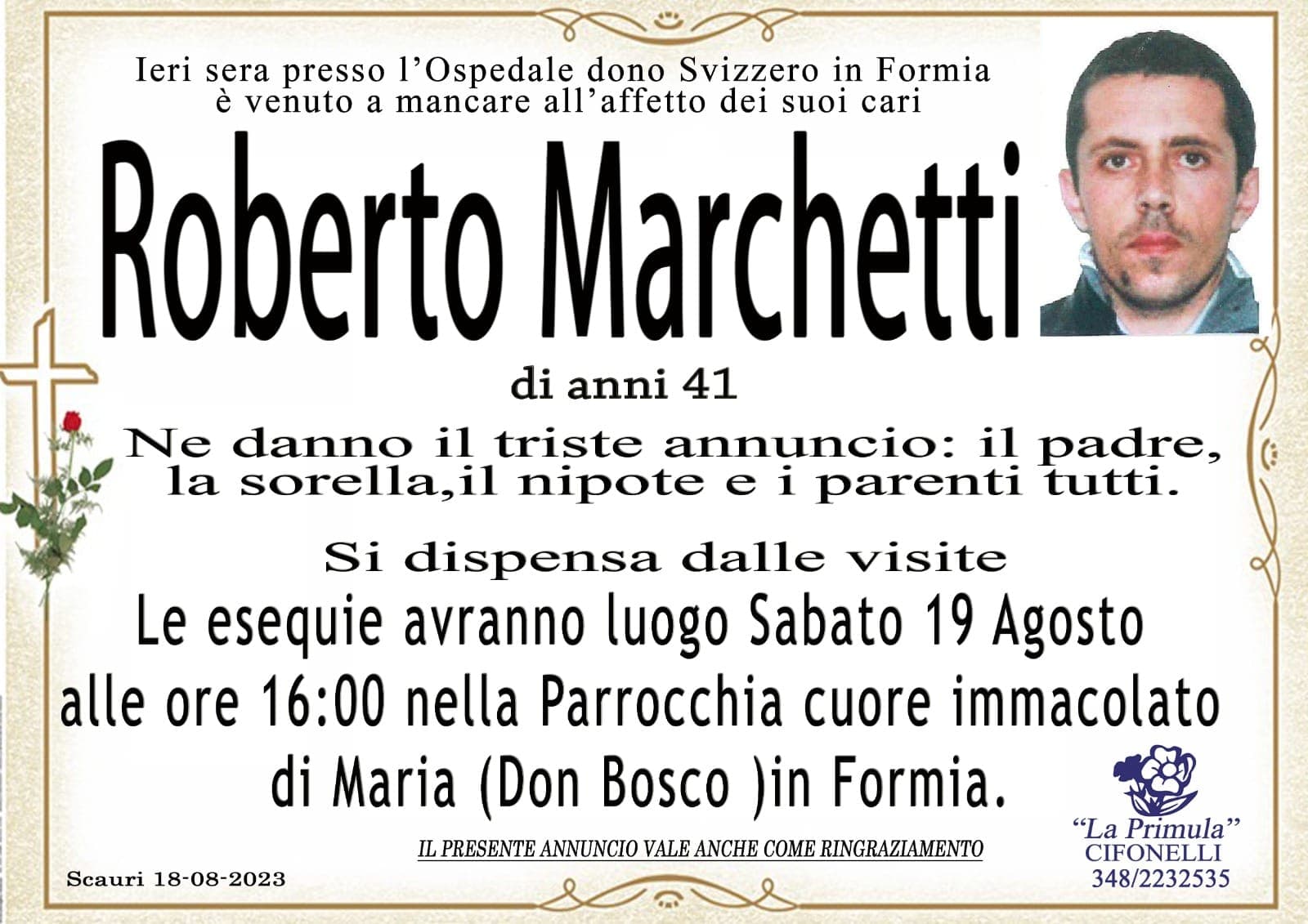 Formia, ultimo saluto a Roberto Marchetti. Domani i funerali