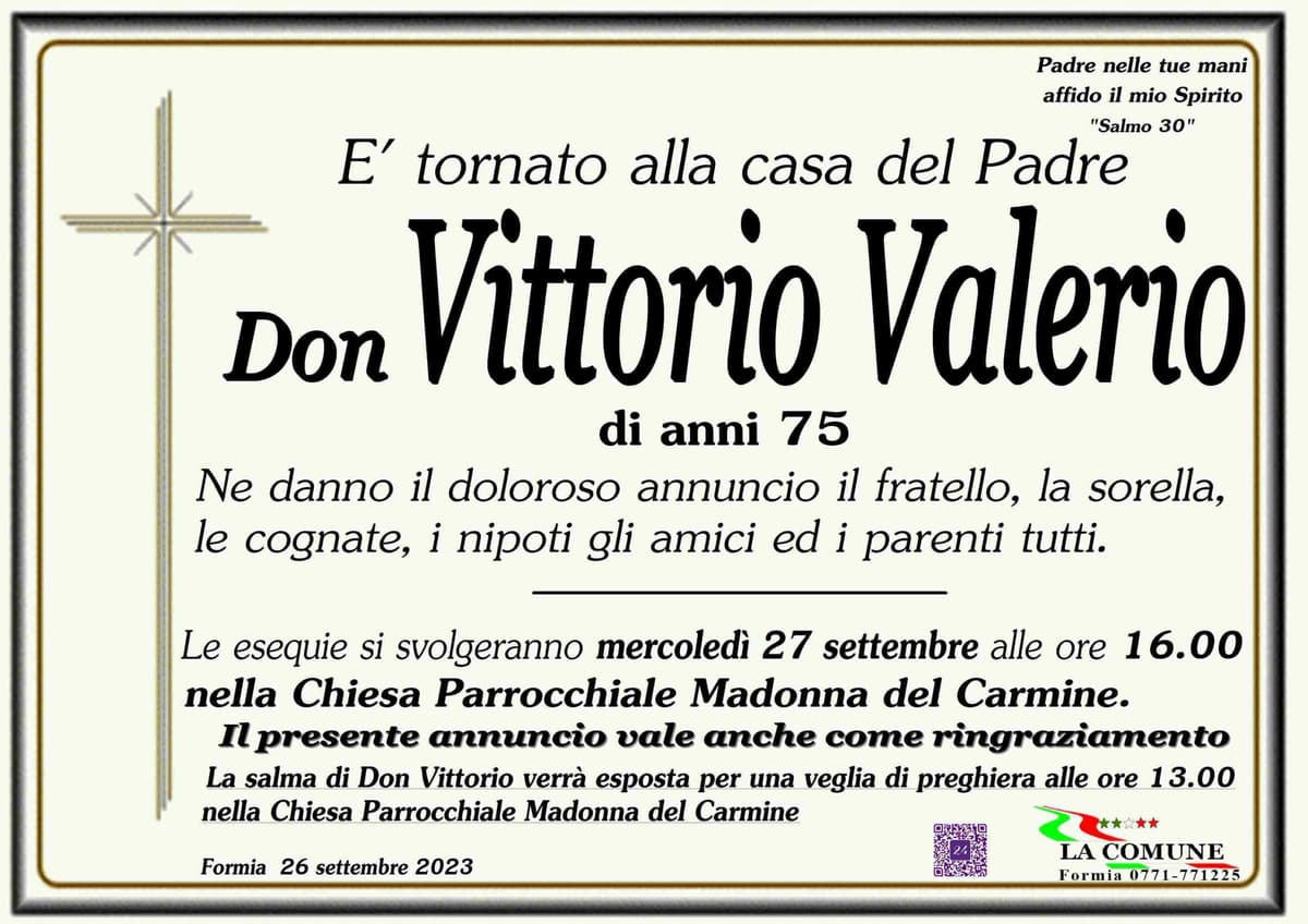 Don Vittorio Valerio è tornato alla Casa del Padre, in lutto l'Arcidiocesi di Gaeta