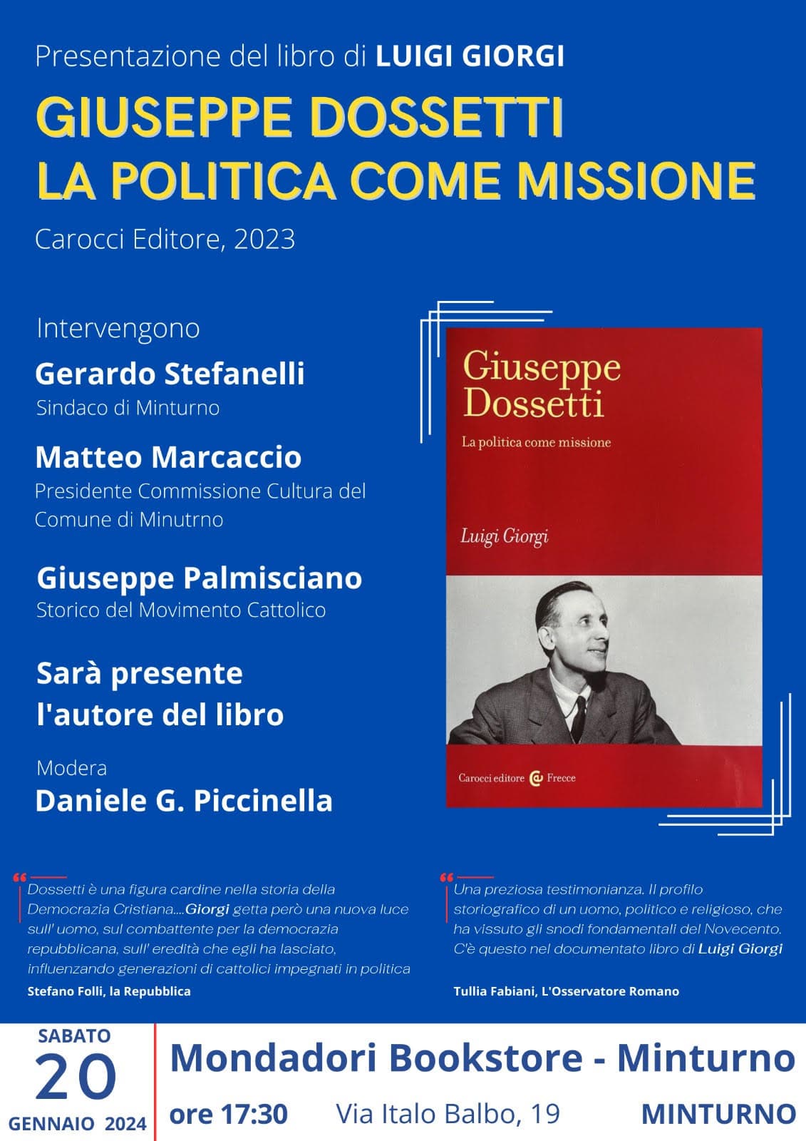 Scauri: presso Libreria Mondadori presentazione di un libro su Giuseppe Dossetti