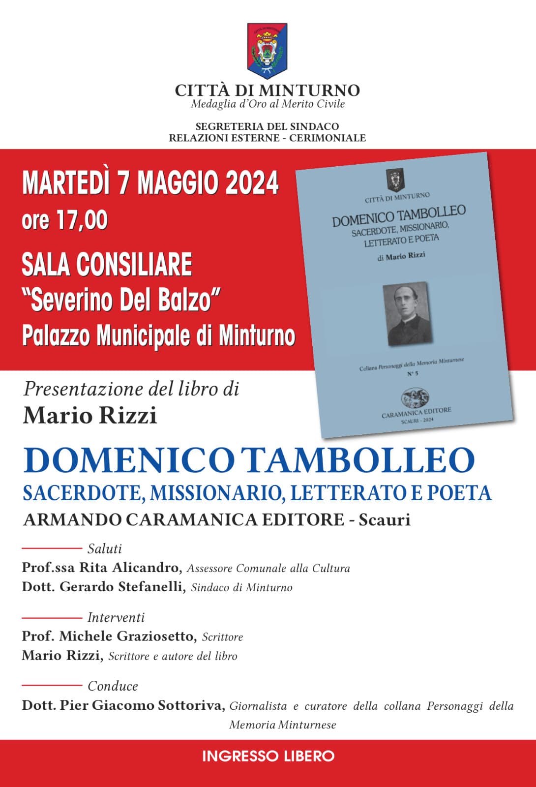 "Domenico Tambolleo Sacerdote Missionario Letterato e Poeta" 7 maggio, ore 17, Sala Consiliare Comune di Minturno