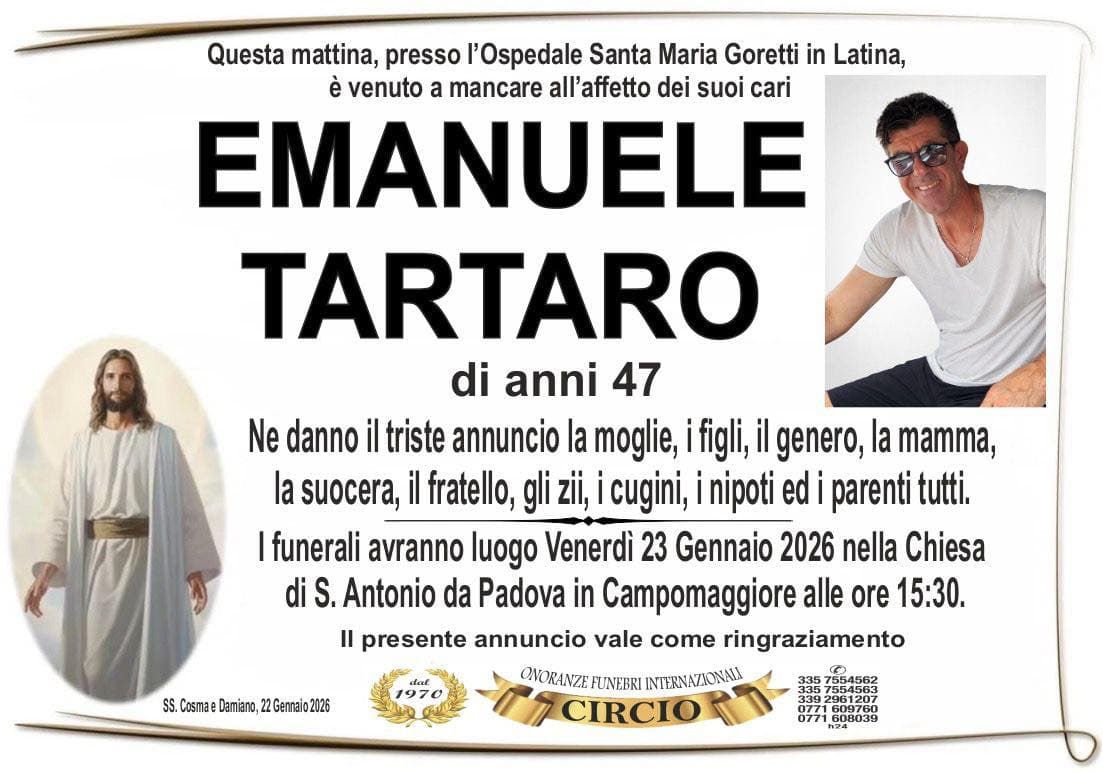 Santi Cosma e Damiano in lutto per la scomparsa di Emanuele Tartaro