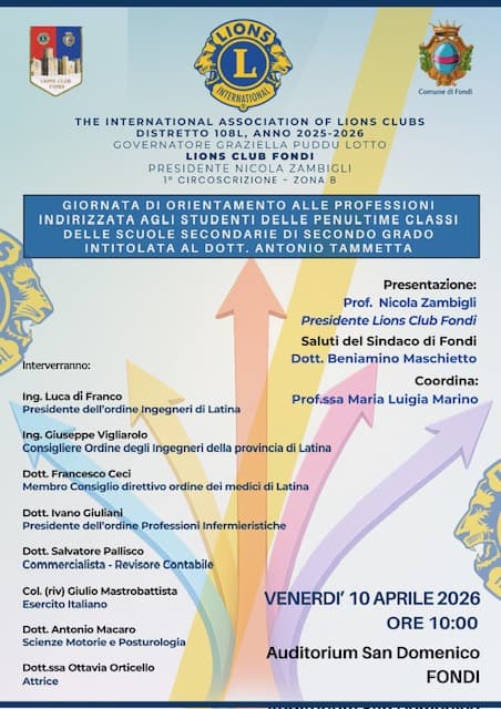 Fondi: i Lions organizzano una Giornata di orientamento alle professioni, venerdì 10 aprile, ore 10:00, Auditorium San Domenico