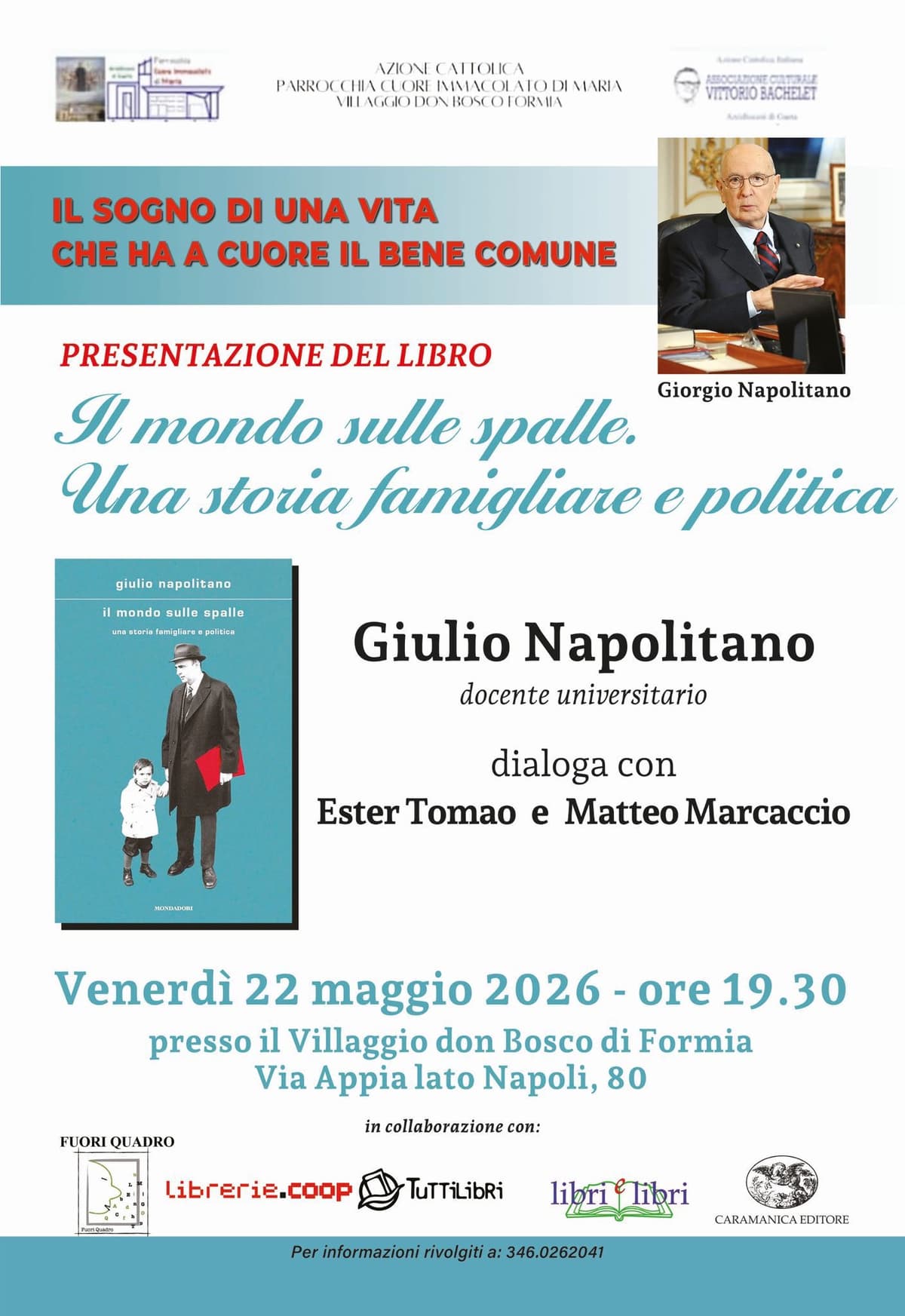 Formia, Villaggio Don Bosco, i Giovani di Azione Cattolica dialogano con l'autore Giulio Napolitano su: "Il mondo sulle spalle", 22 maggio, ore 19:30