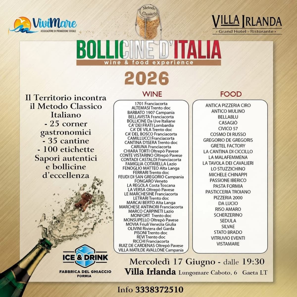Bollicine d’Italia 2026: eleganza e gusto protagonisti a Villa Irlanda, luogo ideale tra Formia e Gaeta.