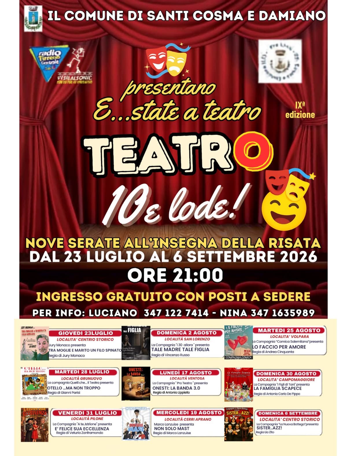 Santi Cosma e Damiano, torna per la nona edizione “Estate a Teatro – Teatro 10 e Lode”: nove serate gratuite nelle piazze del territorio