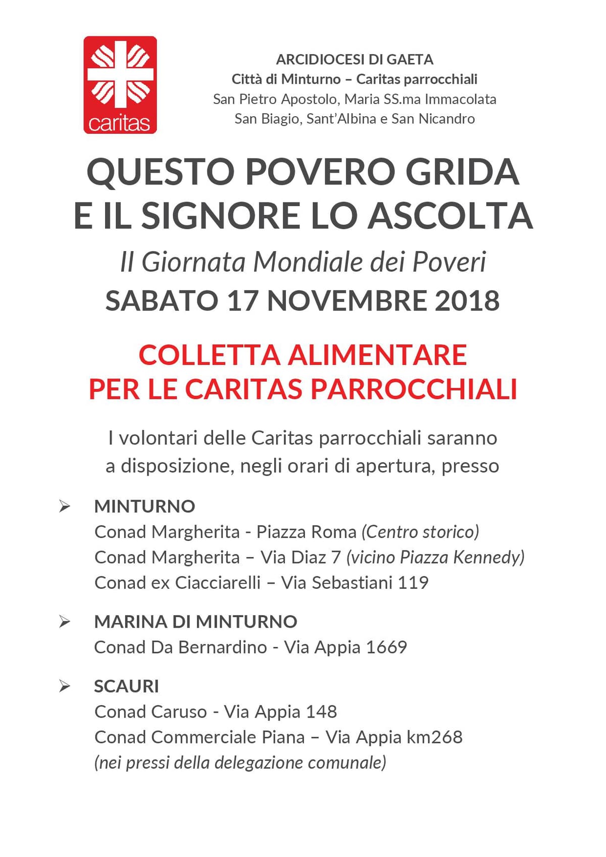 MINTURNO- LE CARITAS PARROCCHIALI ORGANIZZANO UNA COLLETTA ALIMENTARE PER LA GIORNATA MONDIALE DEI POVERi