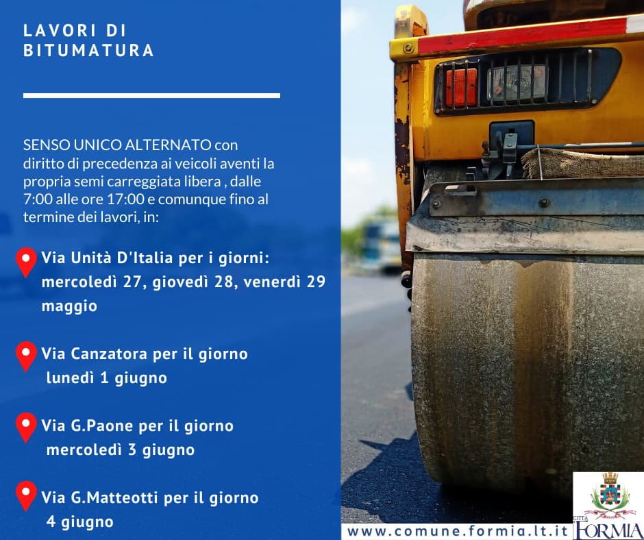 FORMIA: COMUNE INFORMA SUI CANTIERI STRADALI