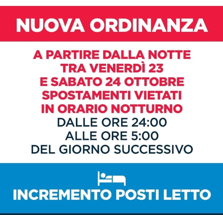 A PARTIRE DA QUESTA NOTTE SONO VIETATI GLI SPOSTAMENTI DALLE ORE 24:00 FINO ALLE ORE 5:00 DEL GIORNO SUCCESSIVO IN TUTTO IL TERRITORIO REGIONALE
