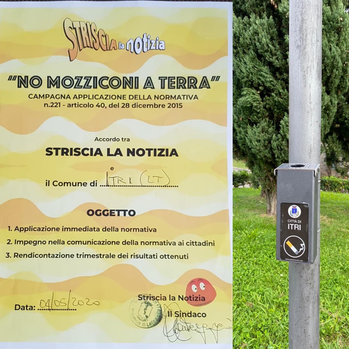 ITRI - INSTALLATI I RACCOGLITORI DI CICCHE DI SIGARETTE DOPO L'INIZIATIVA "NO MOZZICONI A TERRA"