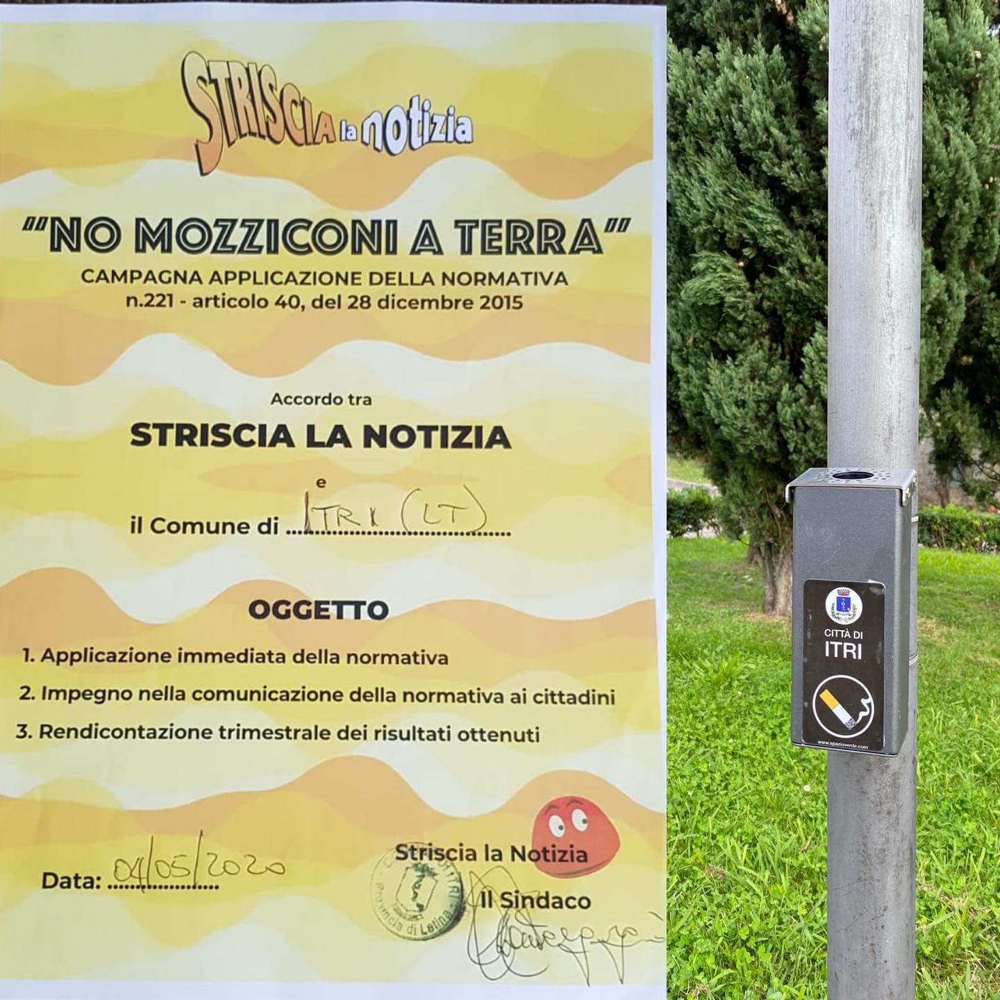 ITRI - INSTALLATI I RACCOGLITORI DI CICCHE DI SIGARETTE DOPO L'INIZIATIVA "NO MOZZICONI A TERRA"