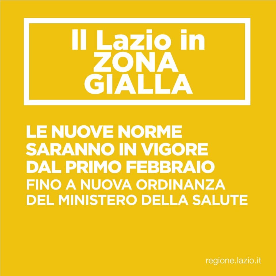 LAZIO IN ZONA GIALLA DAL PRIMO FEBBRAIO - LE REGOLE SU: SPOSTAMENTI, VISITE, BAR/RISTORANTI, SPORT E CENTRI COMMERICALI