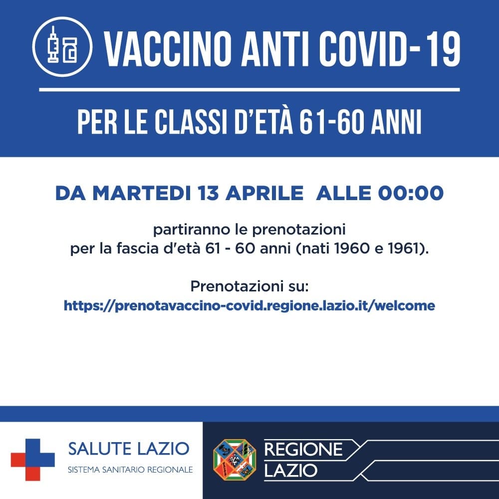 Lazio: Link per prenotare il vaccino per la fascia d'età 61-60 anni