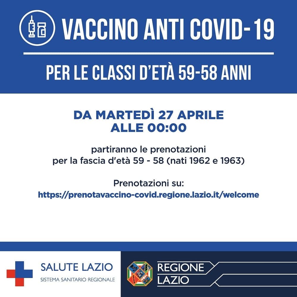 Regione lazio - Vaccini, prenotazioni per la fascia d'età 59-58 anni