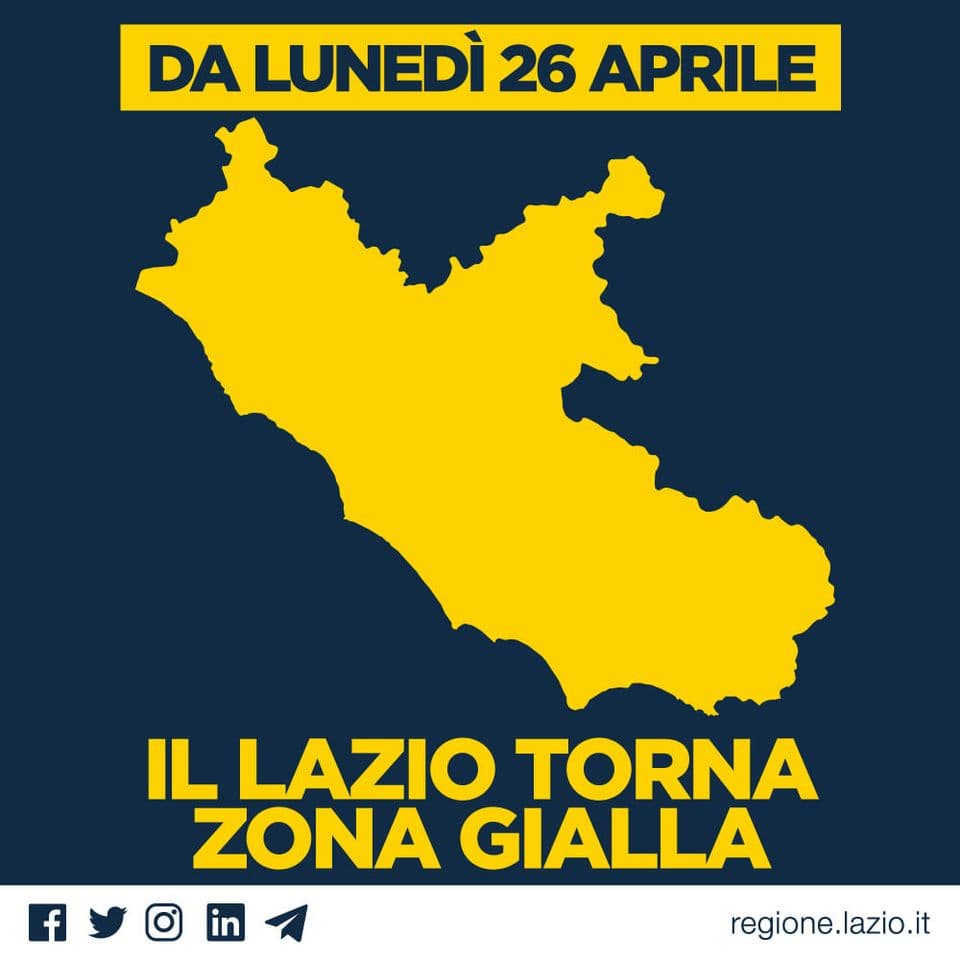 Regione Lazio, in zona gialla da lunedì 26 aprile