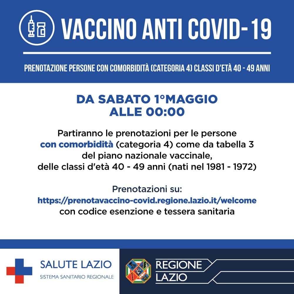 Regione Lazio, vaccini 40-49 (nati nel 1981 - 1972) per persone con comorbidità