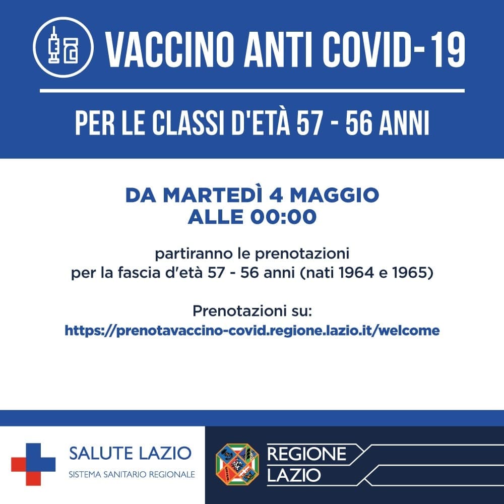 Vaccini - Prenotazioni per la fascia d'età 57 - 56 anni (nati 1964 e 1965)