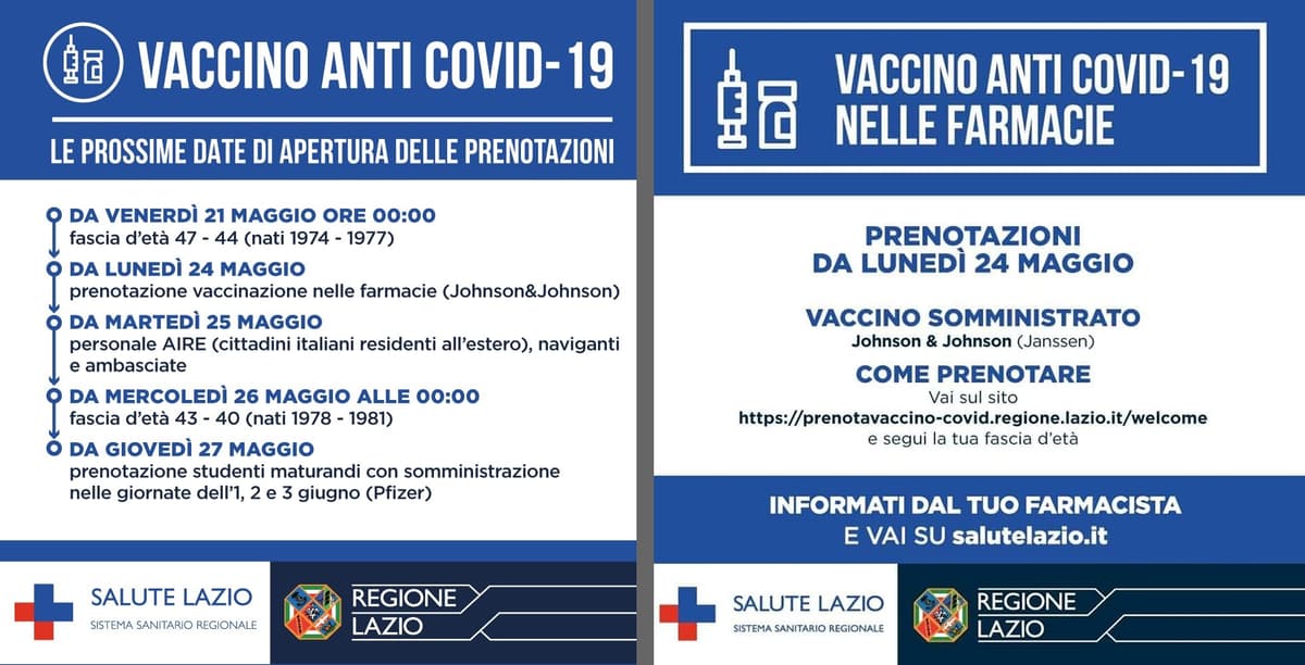 REGIONE LAZIO - Le date di apertura delle prenotazioni. Dal 24 maggio il vaccino monodose Johnson & Johnson in farmacia, sempre seguendo il criterio delle classi d’età.