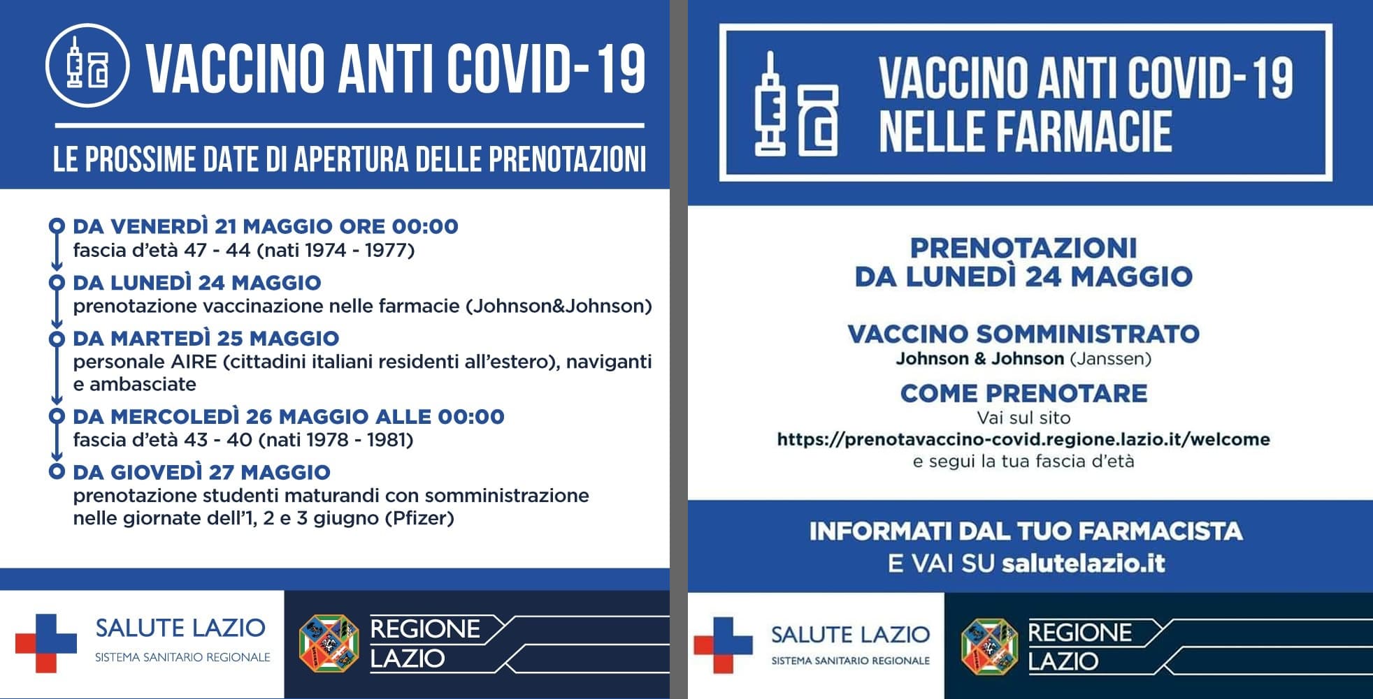 REGIONE LAZIO - Le date di apertura delle prenotazioni. Dal 24 maggio il vaccino monodose Johnson & Johnson in farmacia, sempre seguendo il criterio delle classi d’età.