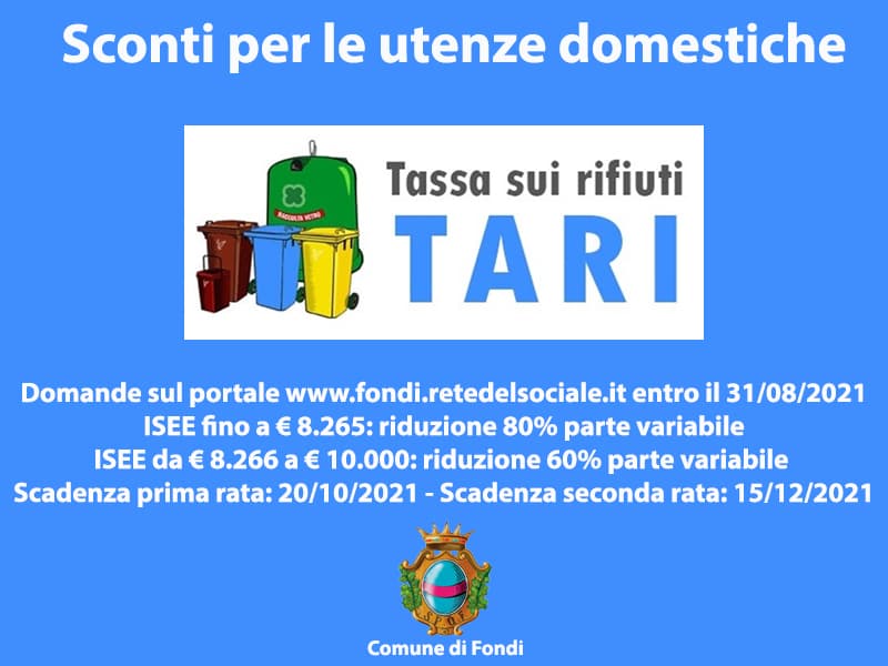Fondi - Agevolazioni Tari per le utenze domestiche: è possibile fare domanda fino al 31 agosto