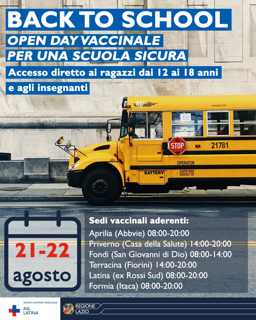 21 e 22 Agosto 2021: Open Day Vaccinazioni, rivolto ai ragazzi tra i 12 e i 18 anni e docenti