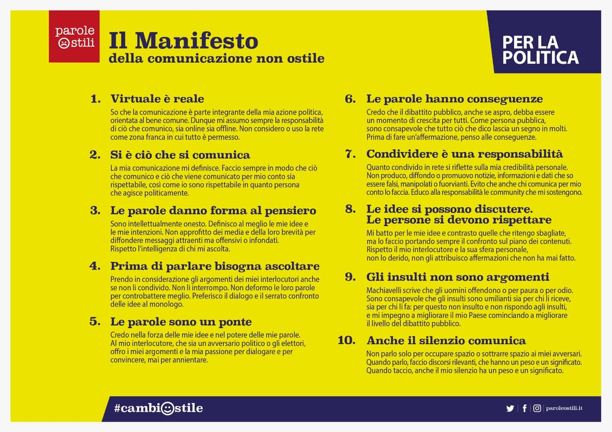 Il Manifesto della comunicazione non ostile per la politica in dieci punti da conoscere e rispettare
