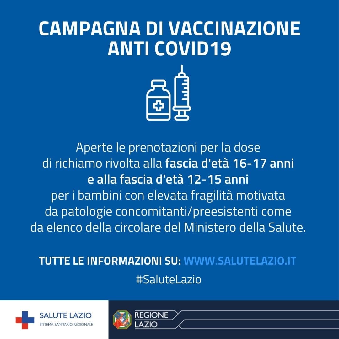 Regione Lazio - Al via le prenotazioni booster per la fascia 16-17 anni
