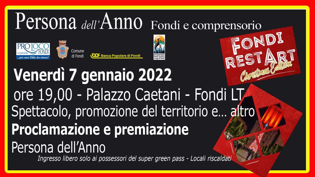Fondi: Proclamazione Persona dell'Anno 2021 nel Palazzo Caetani venerdì 7 gennaio alle ore 19.00